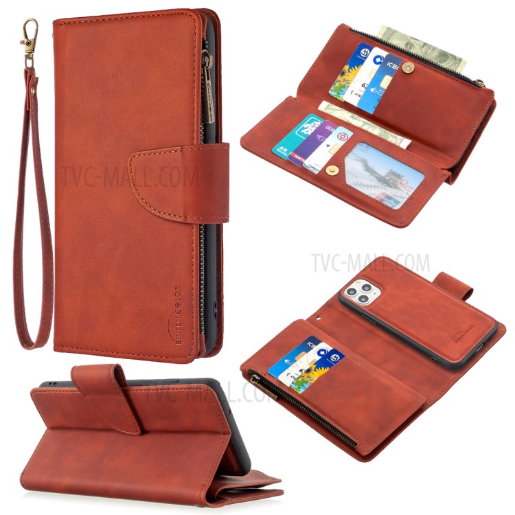 Poche À Fermeture Éclair Amovible 2 En 1 Étui En Cuir De Support De Porte-monnaie Pour IPhone 11 Pro 5,8 Pouces - Marron-1