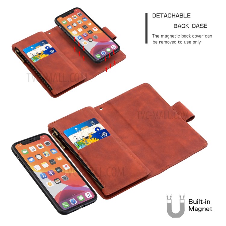 Poche À Fermeture Éclair Amovible 2 En 1 Étui En Cuir De Support De Porte-monnaie Pour IPhone 11 Pro 5,8 Pouces - Marron-2
