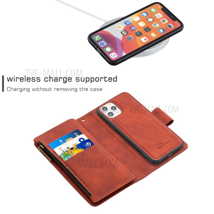 Poche À Fermeture Éclair Amovible 2 En 1 Étui En Cuir De Support De Porte-monnaie Pour IPhone 11 Pro 5,8 Pouces - Marron-5