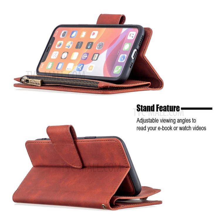 Poche À Fermeture Éclair Amovible 2 En 1 Étui En Cuir De Support De Porte-monnaie Pour IPhone 11 Pro 5,8 Pouces - Marron-6