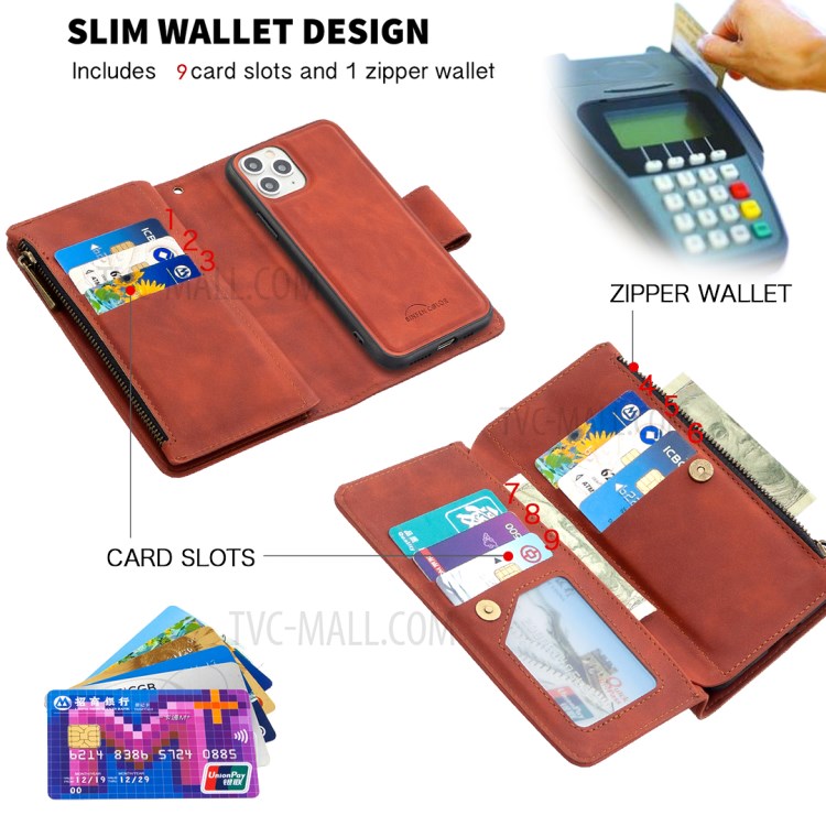 Poche À Fermeture Éclair Amovible 2 En 1 Étui En Cuir De Support De Porte-monnaie Pour IPhone 11 Pro 5,8 Pouces - Marron-7