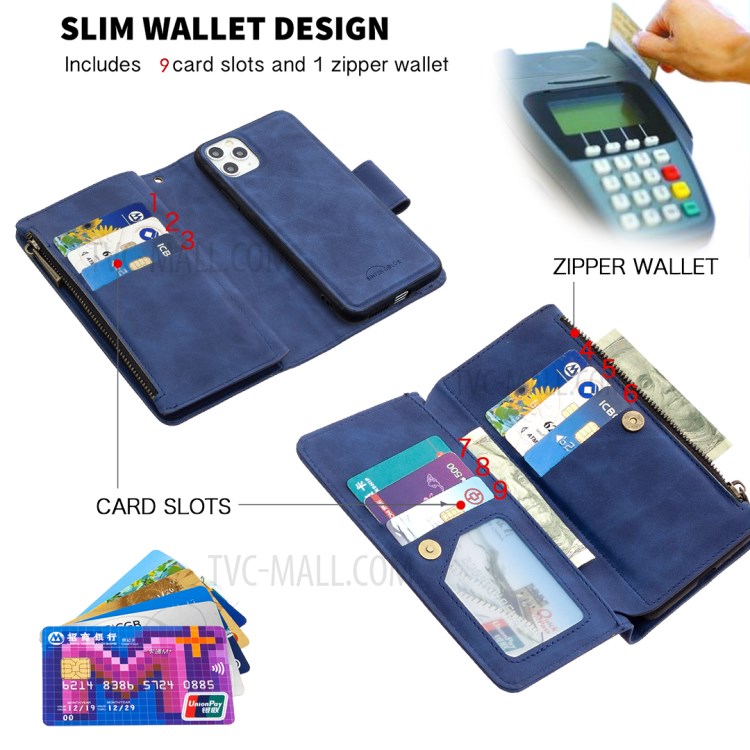 Caso Bolsillo Con Cremallera Desmontable 2-in-1 Cuero Del Soporte De La Carpeta Para El Iphone 11 Pro Max 6,5 Pulgadas - Azul-4