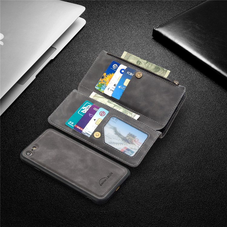 Poche À Glissière Amovible 2-en-1 Cuir Boîtier De Support De Porte-monnaie Pour Iphone Soi (2ème Génération) / 8/7 - Gris-10