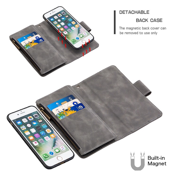 Poche À Glissière Amovible 2-en-1 Cuir Boîtier De Support De Porte-monnaie Pour Iphone Soi (2ème Génération) / 8/7 - Gris-2