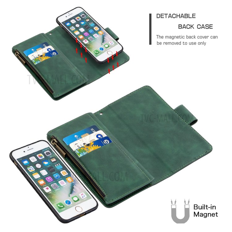 Zipper Pocket Detachable 2-in-1 Leather Wallet Stand Case for iPhone SE (2nd Generation)/8/7 - Green-2