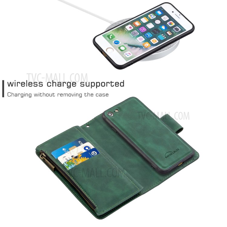 Zipper Pocket Detachable 2-in-1 Leather Wallet Stand Case for iPhone SE (2nd Generation)/8/7 - Green-5