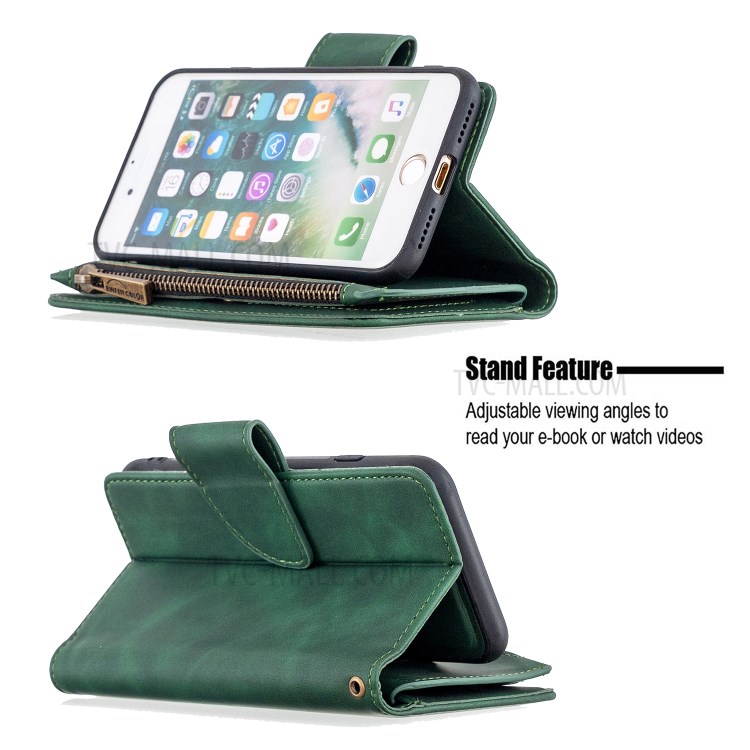 Zipper Pocket Detachable 2-in-1 Leather Wallet Stand Case for iPhone SE (2nd Generation)/8/7 - Green-6