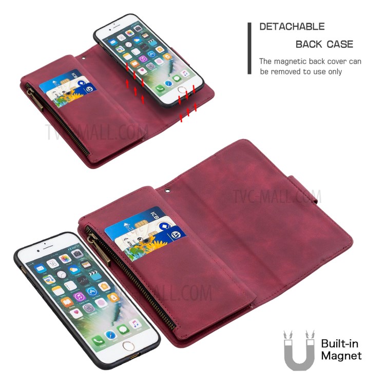 Zipper Pocket Detachable 2-in-1 Leather Wallet Stand Case for iPhone SE (2nd Generation)/8/7 - Red-2