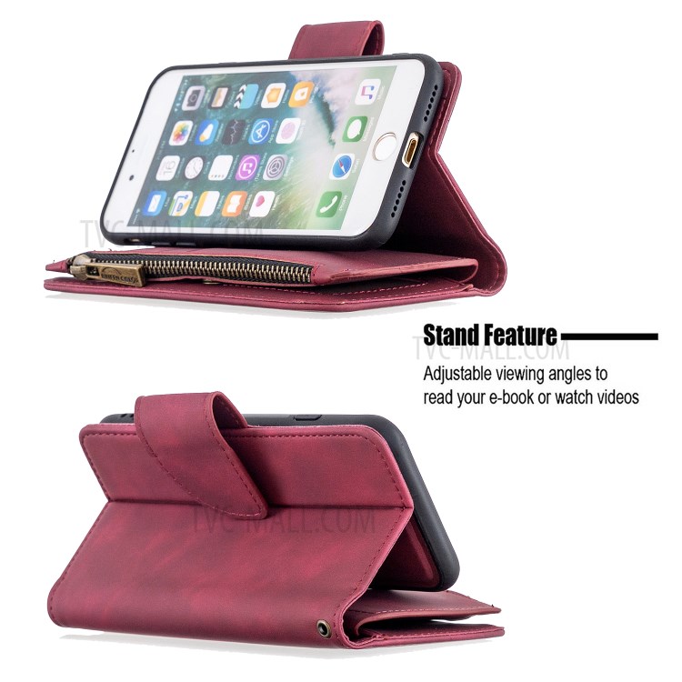 Zipper Pocket Detachable 2-in-1 Leather Wallet Stand Case for iPhone SE (2nd Generation)/8/7 - Red-6