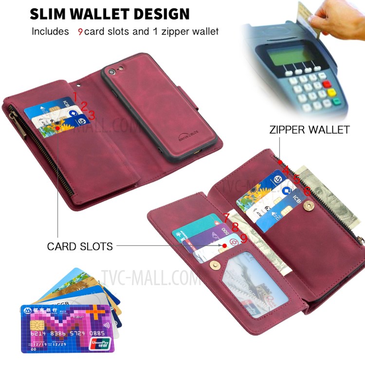 Zipper Pocket Detachable 2-in-1 Leather Wallet Stand Case for iPhone SE (2nd Generation)/8/7 - Red-7