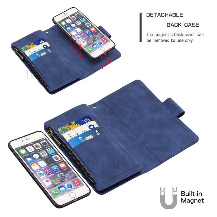 Zipper Pocket Detachable 2-in-1 Leather Wallet Stand Case for iPhone 6 Plus/6S Plus 5.5 inch - Blue-2