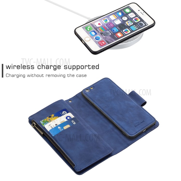 Zipper Pocket Detachable 2-in-1 Leather Wallet Stand Case for iPhone 6 Plus/6S Plus 5.5 inch - Blue-5