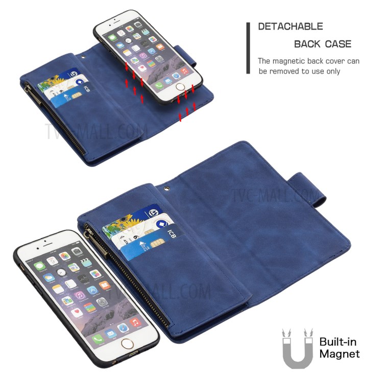 BF02 Cas De Téléphone Stand Portefeuille Cuir Sentiment Tactile Avec Poche À Fermeture Éclair Pour IPhone 6 / 6s De 4,7 Pouces - Bleu-2