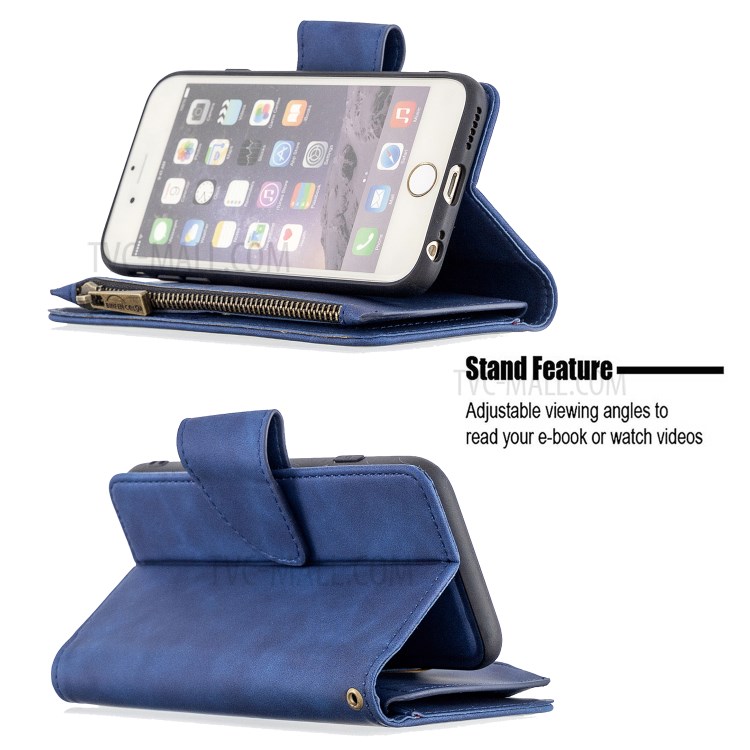 BF02 Cas De Téléphone Stand Portefeuille Cuir Sentiment Tactile Avec Poche À Fermeture Éclair Pour IPhone 6 / 6s De 4,7 Pouces - Bleu-6