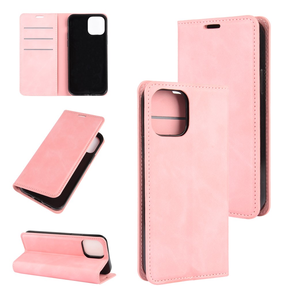 Silky Touch Leather Shell Wallet Stand Case for iPhone 12 Max 6.1 inch - Pink-1
