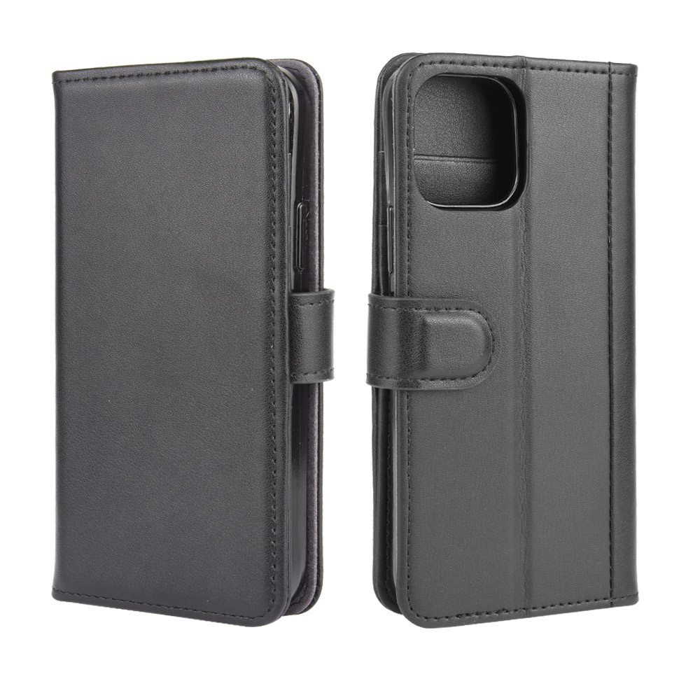 Genuine Split Leather Case Wallet Stand Phone Cover for iPhone 12 Max 6.1 inch - Black-1