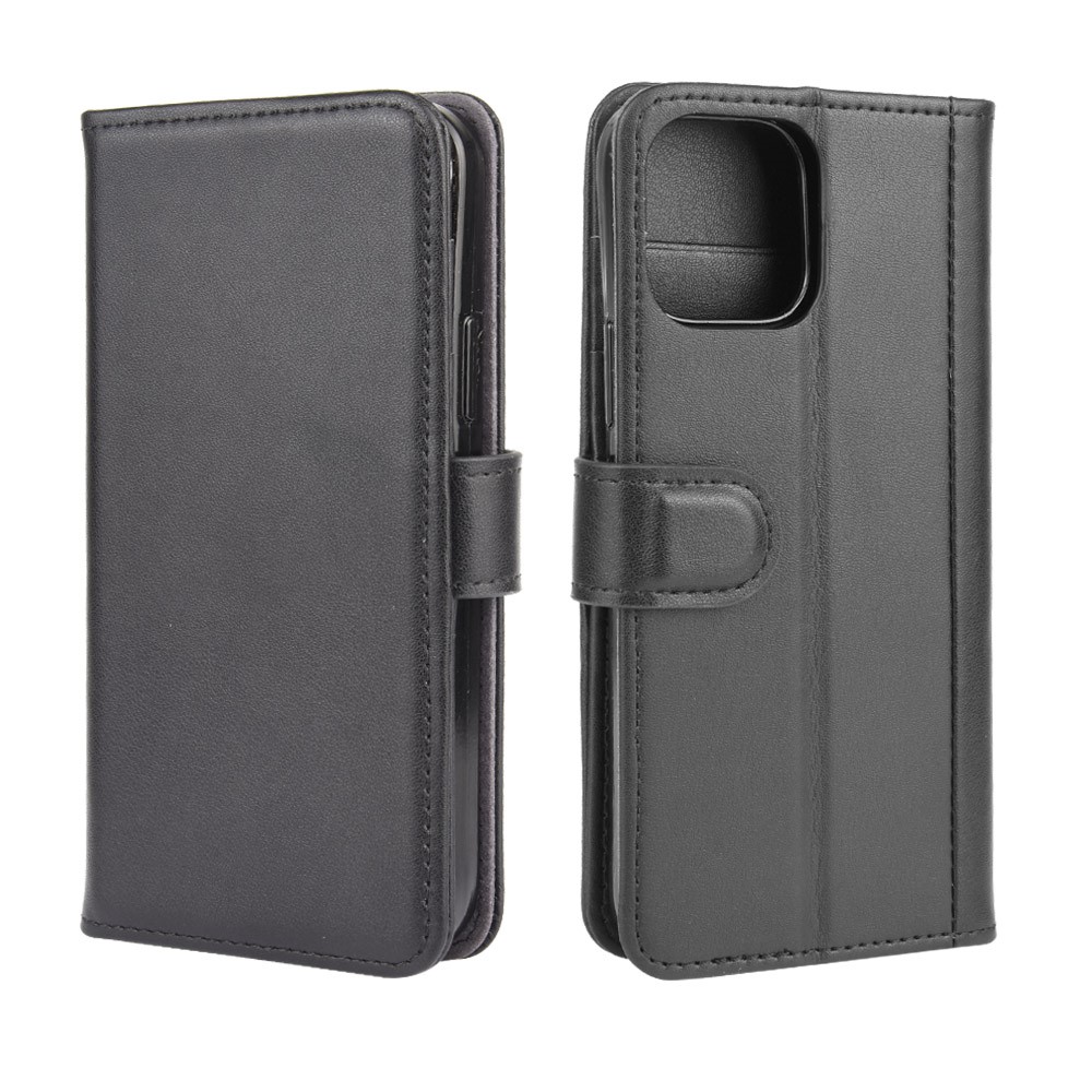 Genuine Split Leather Case Wallet Stand Phone Cover for iPhone 12 Max 6.1 inch - Black-1