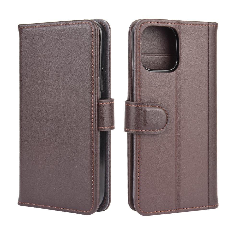 Genuine Split Leather Case Wallet Stand Phone Cover for iPhone 12 Max 6.1 inch - Brown-1