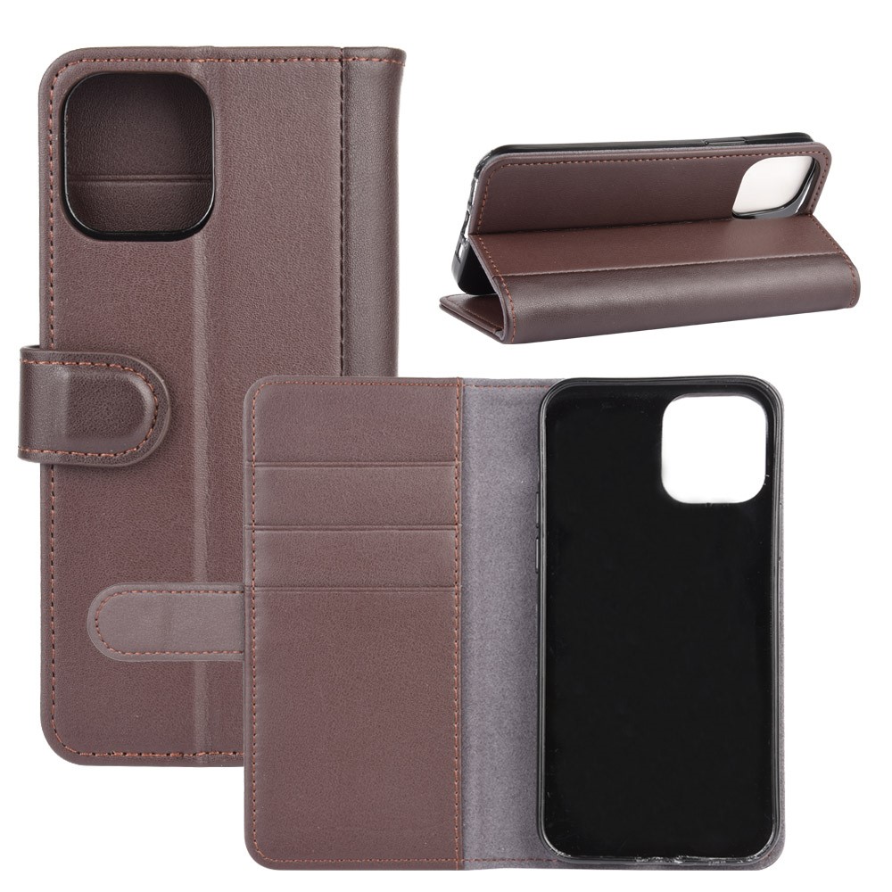 Genuine Split Leather Case Wallet Stand Phone Cover for iPhone 12 Max 6.1 inch - Brown-2