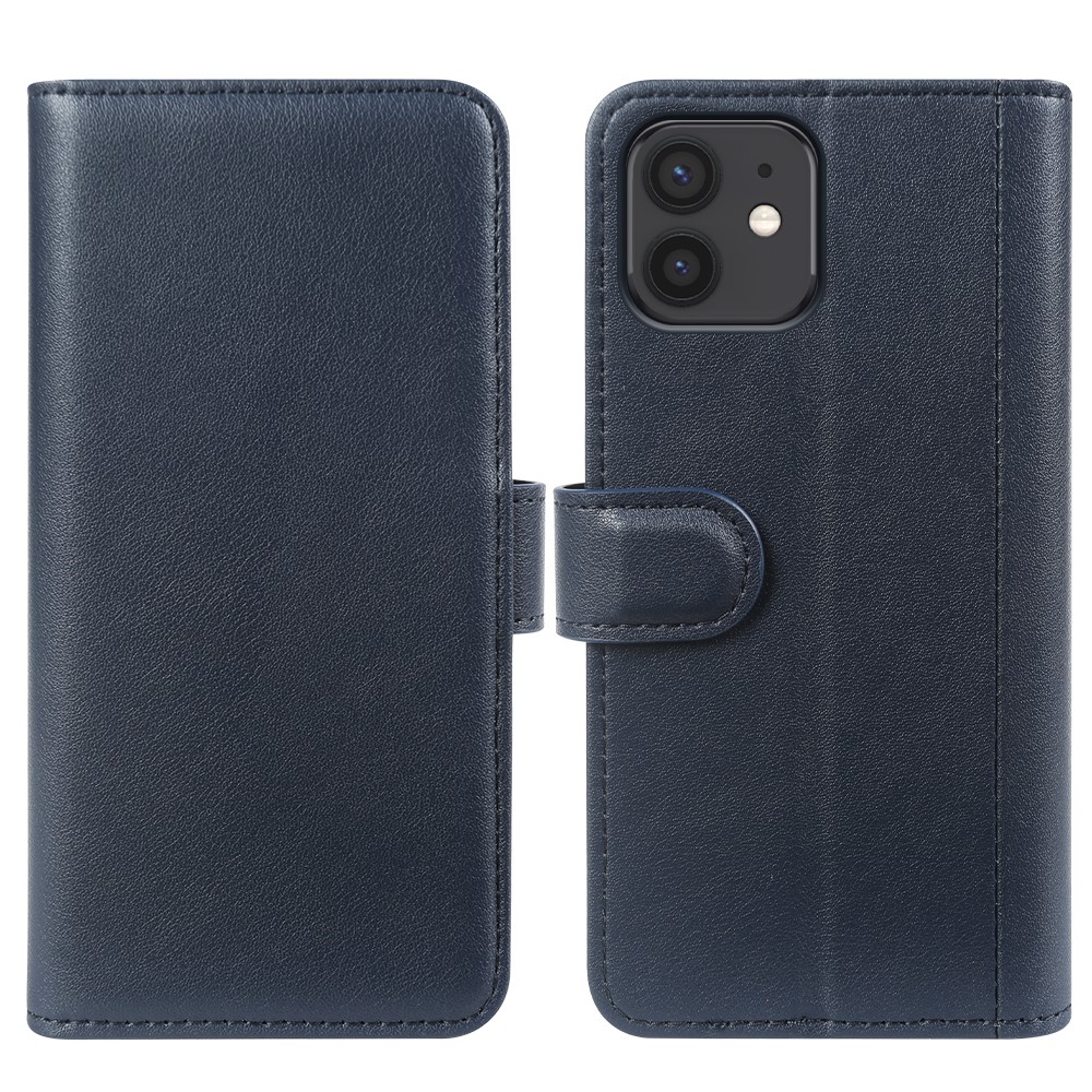 For iPhone 12 Phone Cases Genuine Split Leather Wallet Mobile Cover Stand  - Blue