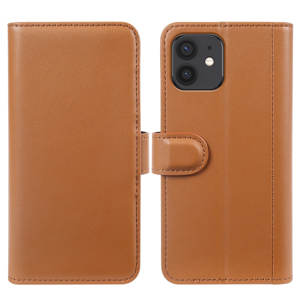 For iPhone 12 Phone Cases Genuine Split Leather Wallet Mobile Cover Stand  - Light Brown