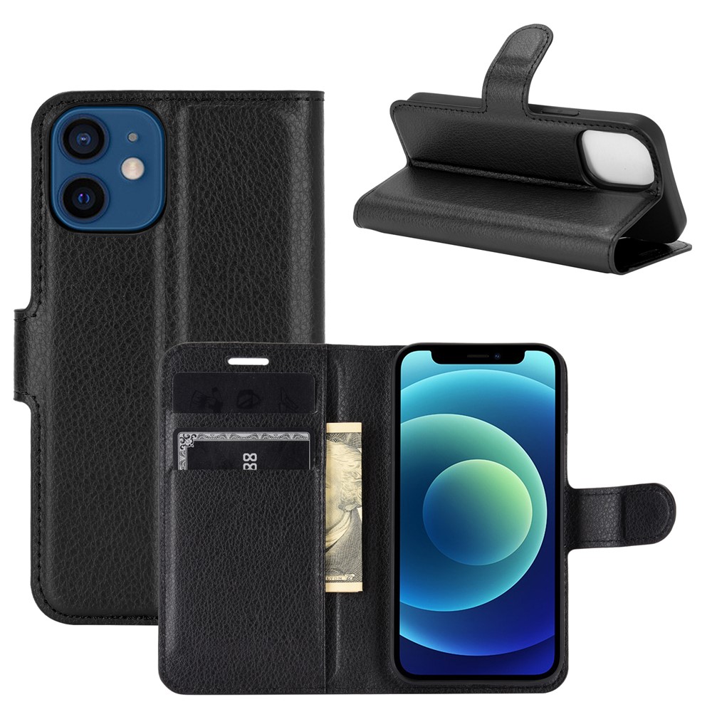 Litchi Textur Wallet Stand Leder Telefonabdeckung Für Iphone 12 Mini -handyzubehör - Schwarz