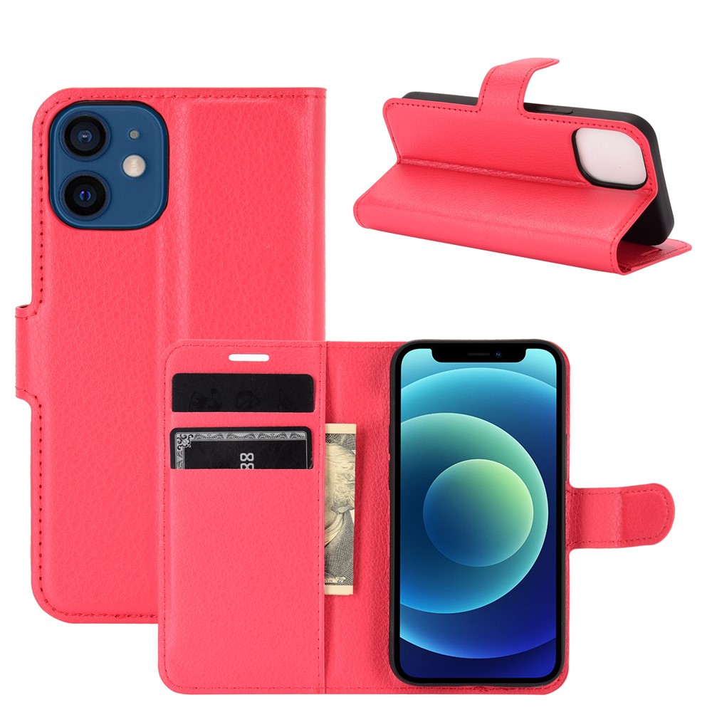 Litchi Texture Wallet Stand Leather Phone Cover for iPhone 12 5.4 inch - Red-2