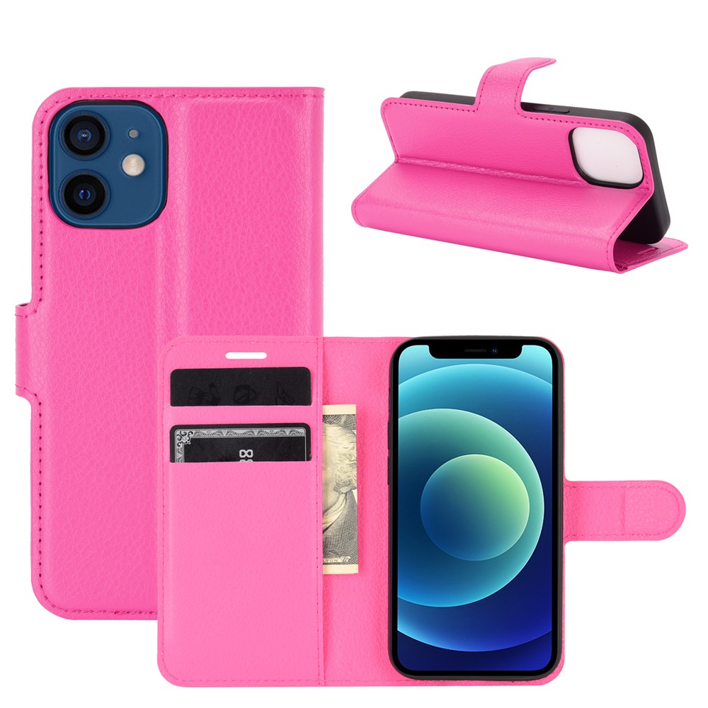 Litchi Texture Wallet Stand Leather Phone Cover for iPhone 12 mini - Rose-2