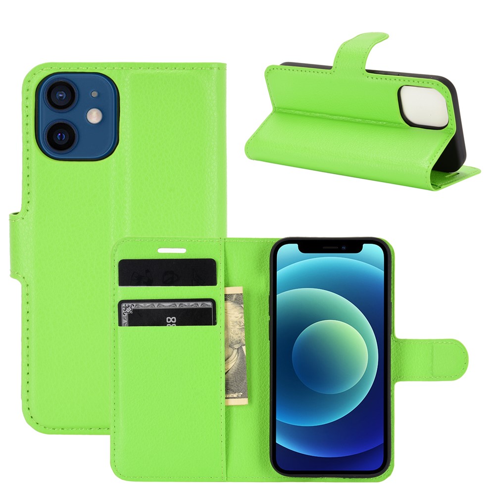 Litchi Texture Wallet Stand Leather Phone Cover for iPhone 12 5.4 inch - Green-2