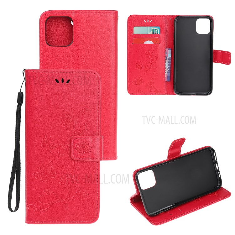 Imprint Butterfly Flowers Leather Wallet Phone Case for iPhone 12 Max 6.1 inch - Red-1