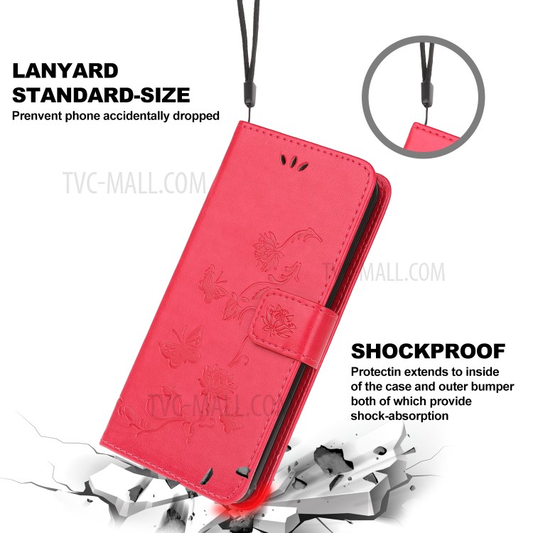 Imprint Butterfly Flowers Leather Wallet Phone Case for iPhone 12 Max 6.1 inch - Red-3
