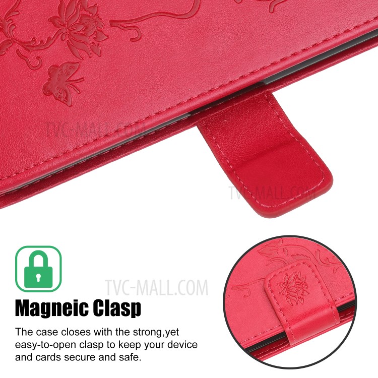Imprint Butterfly Flowers Leather Wallet Phone Case for iPhone 12 Max 6.1 inch - Red-4