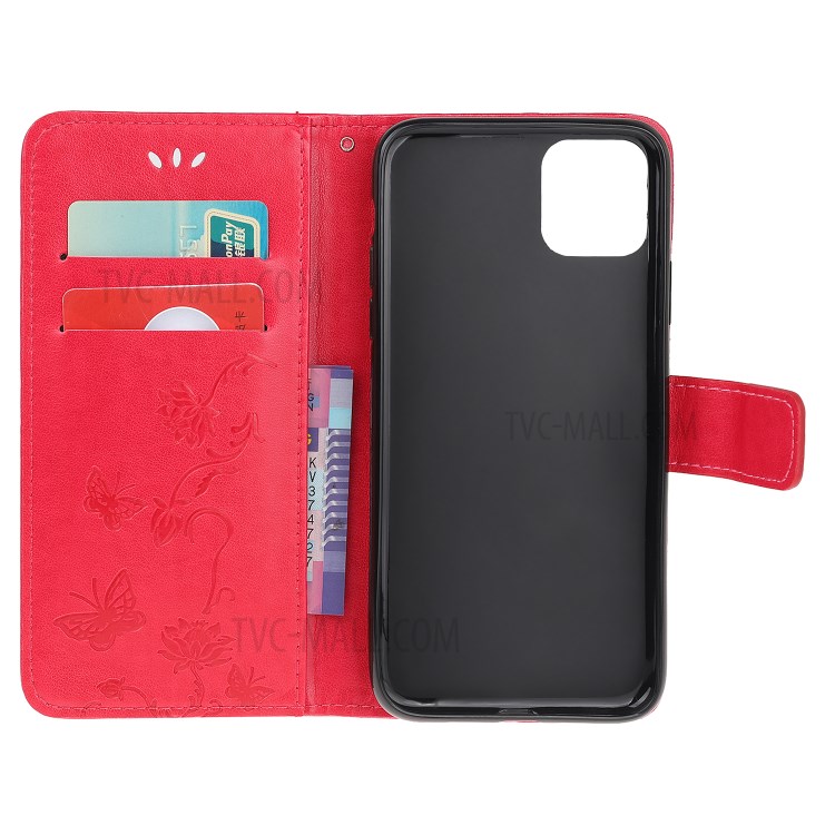Imprint Butterfly Flowers Leather Wallet Phone Case for iPhone 12 Max 6.1 inch - Red-9
