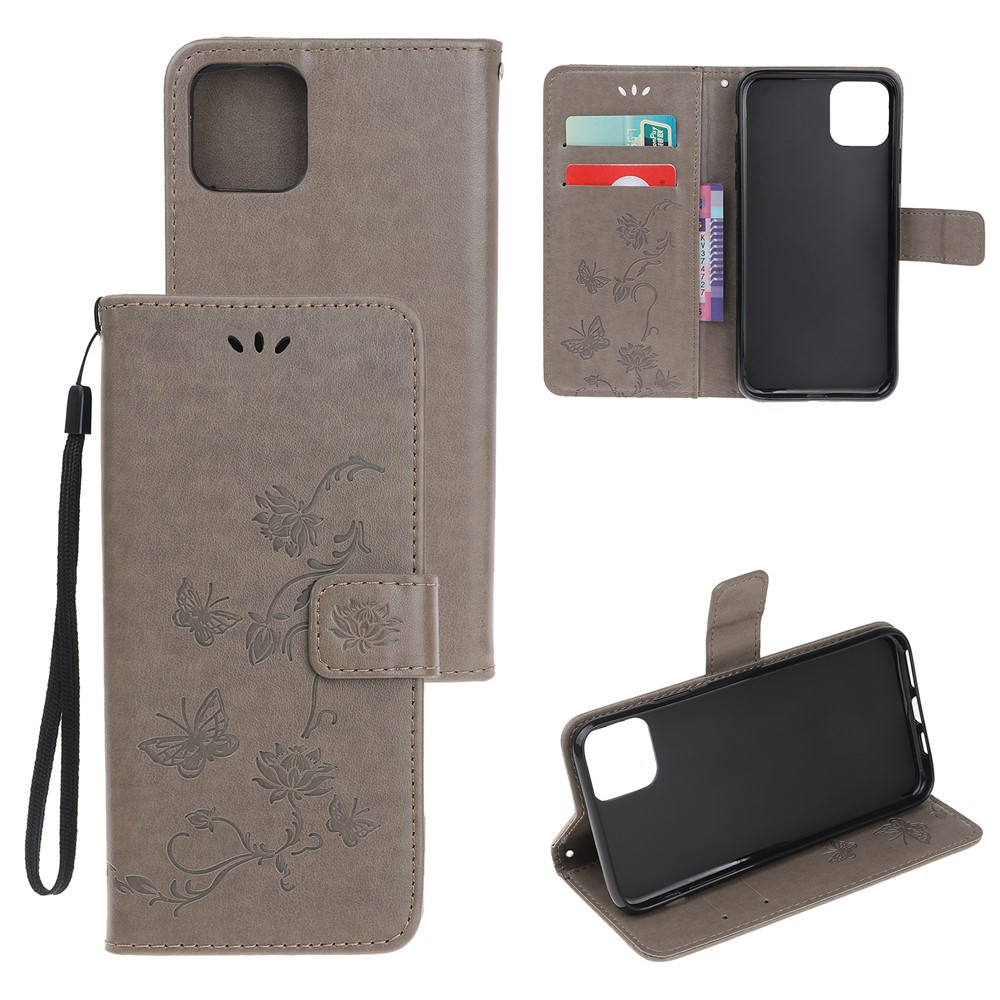 Imprint Butterfly Flowers Leather Wallet Phone Cover for iPhone 12 Pro 6.1 inch - Grey-1