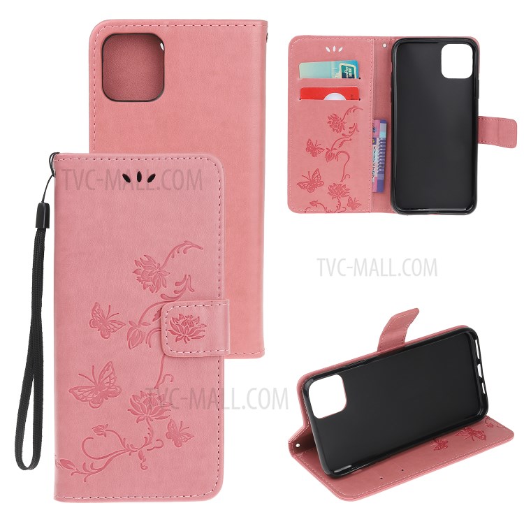 Imprint Butterfly Flower Wallet Leather Protective Cover for iPhone 12 Pro Max 6.7 inch - Pink-1