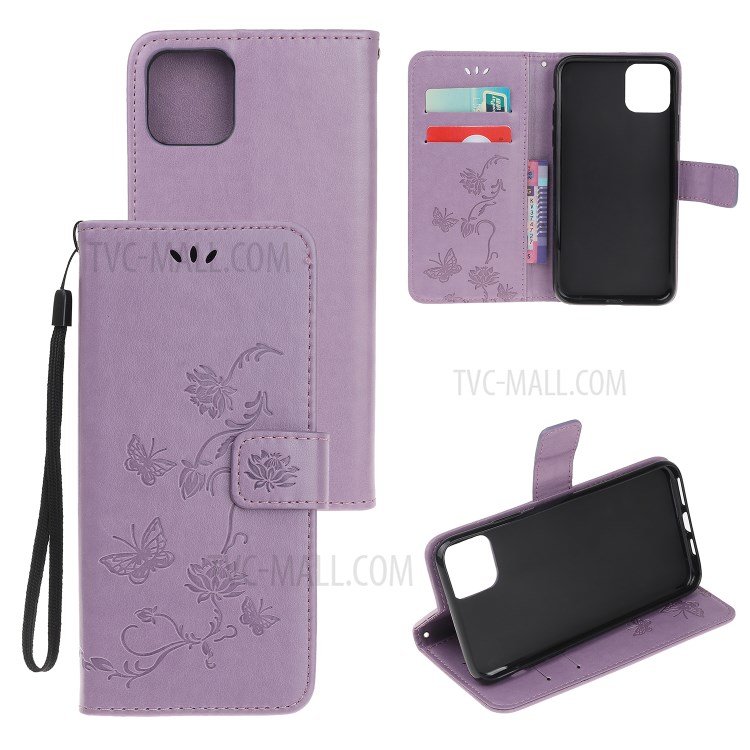 Imprint Butterfly Flower Wallet Leather Protective Cover for iPhone 12 Pro Max 6.7 inch - Light Purple-1