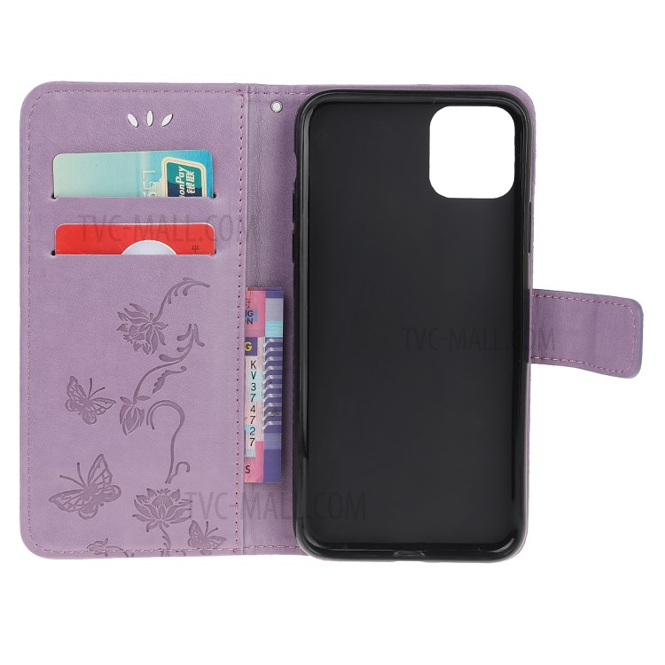 Imprint Butterfly Flower Wallet Leather Protective Cover for iPhone 12 Pro Max 6.7 inch - Light Purple-10