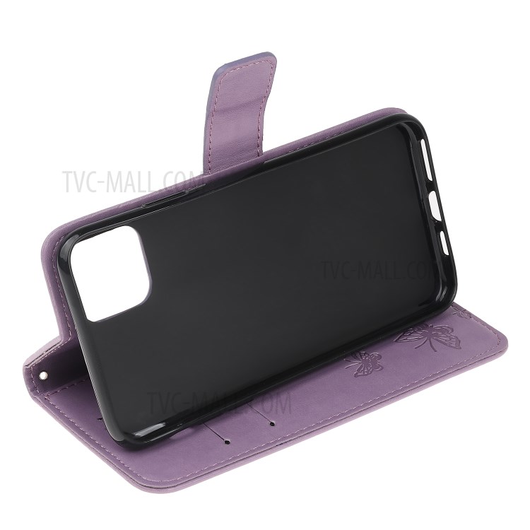 Imprint Butterfly Flower Wallet Leather Protective Cover for iPhone 12 Pro Max 6.7 inch - Light Purple-9
