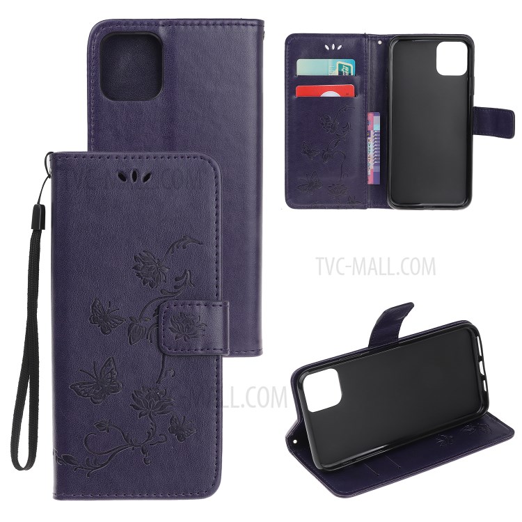 Imprint Butterfly Flower Wallet Leather Protective Cover for iPhone 12 Pro Max 6.7 inch - Dark Purple-1