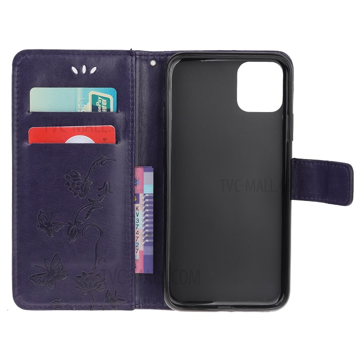 Imprint Butterfly Flower Wallet Leather Protective Cover for iPhone 12 Pro Max 6.7 inch - Dark Purple-10