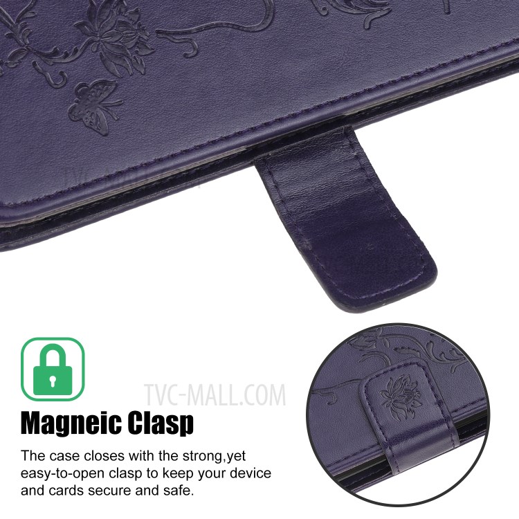 Imprint Butterfly Flower Wallet Leather Protective Cover for iPhone 12 Pro Max 6.7 inch - Dark Purple-4