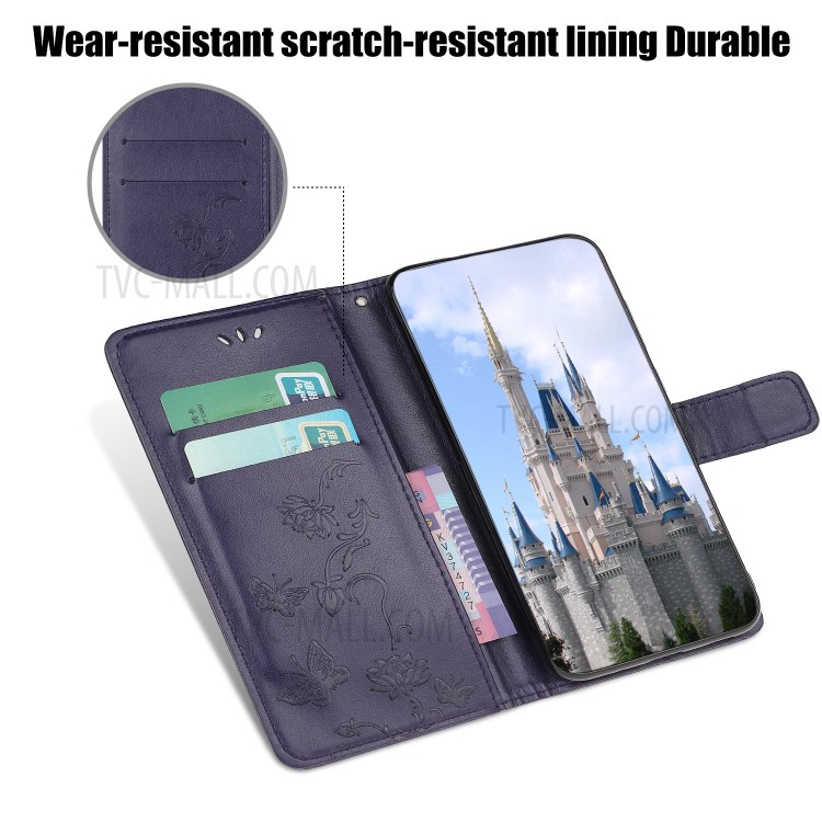 Imprint Butterfly Flower Wallet Leather Protective Cover for iPhone 12 Pro Max 6.7 inch - Dark Purple-6