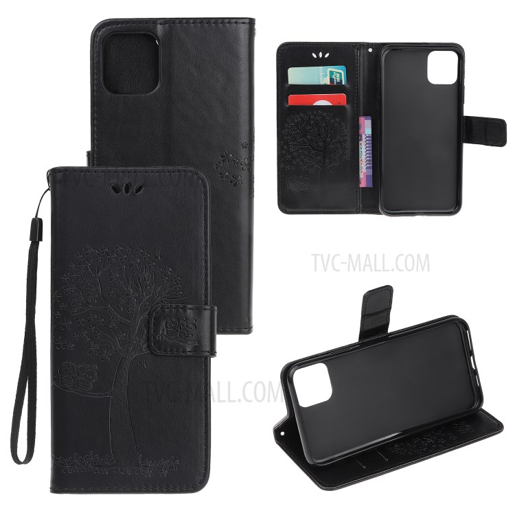 Imprint Tree Owl Wallet Leather Phone Case for iPhone 12 5.4 inch - Black-1