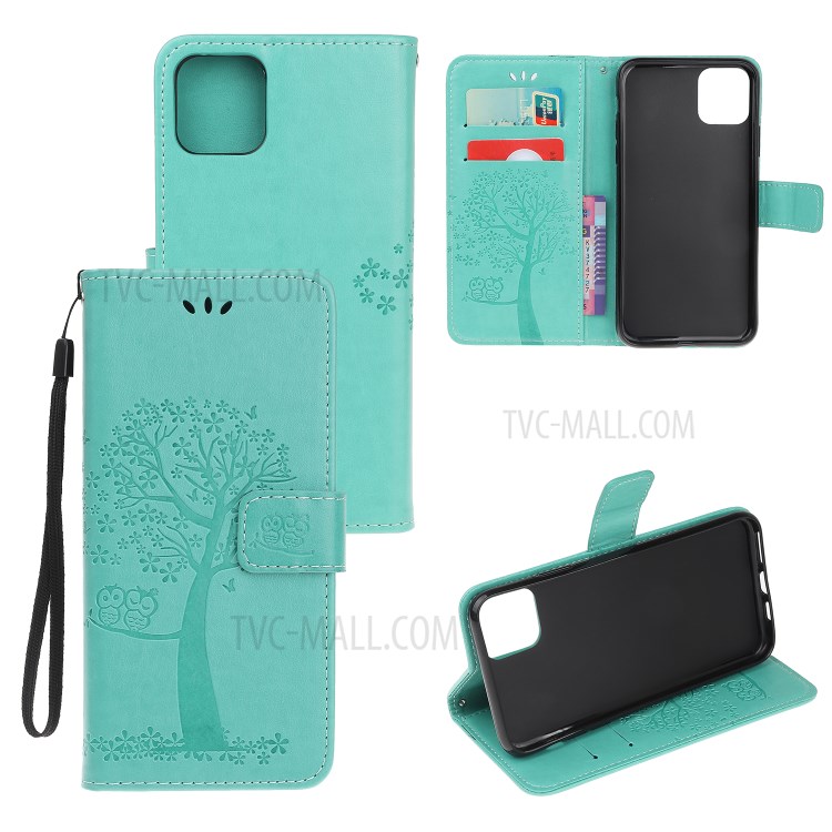 Imprint Tree Owl Wallet Leather Phone Case for iPhone 12 mini - Cyan-1