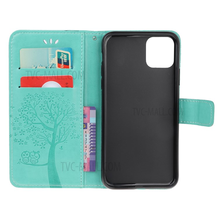 Imprint Tree Owl Wallet Leather Phone Case for iPhone 12 mini - Cyan-10