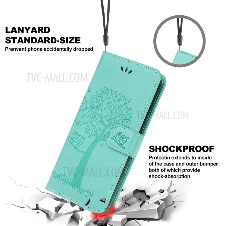 Imprint Tree Owl Wallet Leather Phone Case for iPhone 12 mini - Cyan-3
