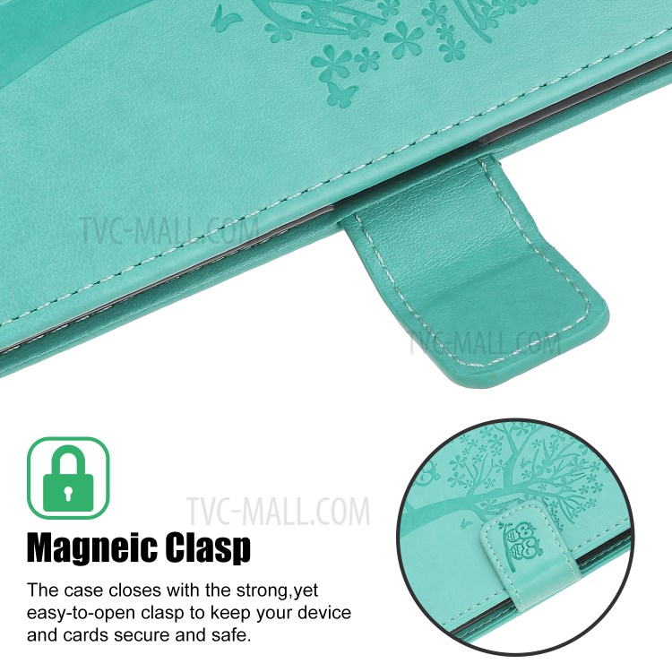 Imprint Tree Owl Wallet Leather Phone Case for iPhone 12 mini - Cyan-4
