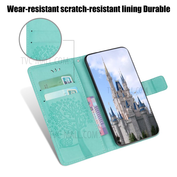 Imprint Tree Owl Wallet Leather Phone Case for iPhone 12 mini - Cyan-5