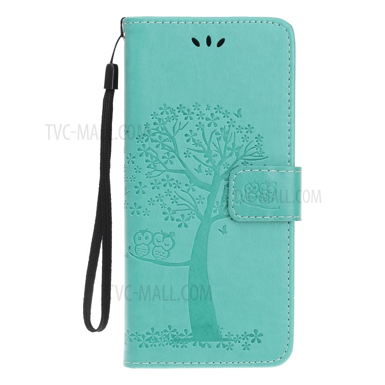 Imprint Tree Owl Wallet Leather Phone Case for iPhone 12 mini - Cyan-7