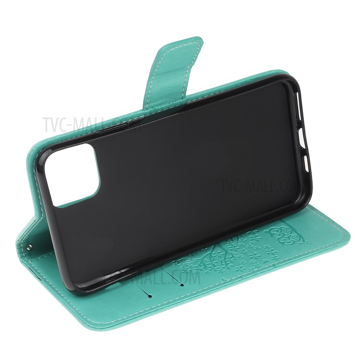 Imprint Tree Owl Wallet Leather Phone Case for iPhone 12 mini - Cyan-9